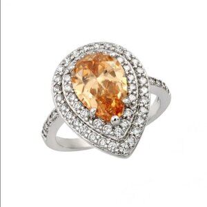 Silver 925 Rhodium Plated Champagne and Clear Cluster CZ Teardrop Ring